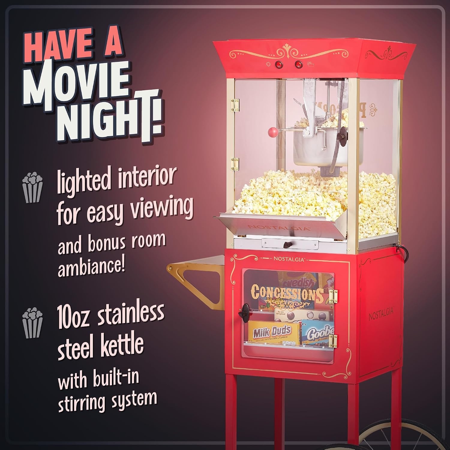 image:imageNostalgia Popcorn Maker Machine  Professional Cart With 10 Oz Kettle Makes Up to 40 Cups  Vintage Lincoln Popper Popcorn Machine Movie Theater Style  BlackRed Candy Cart