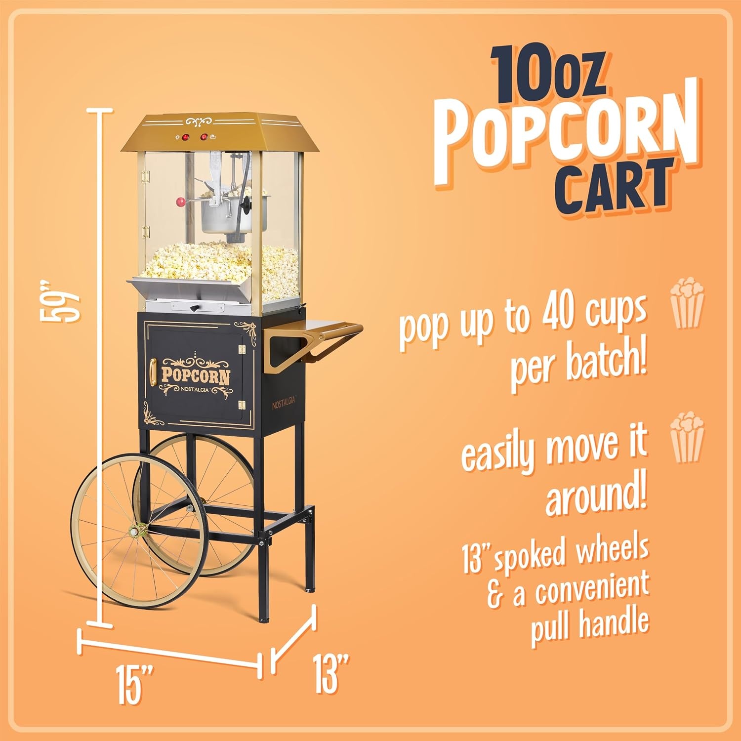 image:imageNostalgia Popcorn Maker Machine  Professional Cart With 10 Oz Kettle Makes Up to 40 Cups  Vintage Lincoln Popper Popcorn Machine Movie Theater Style  BlackBlack