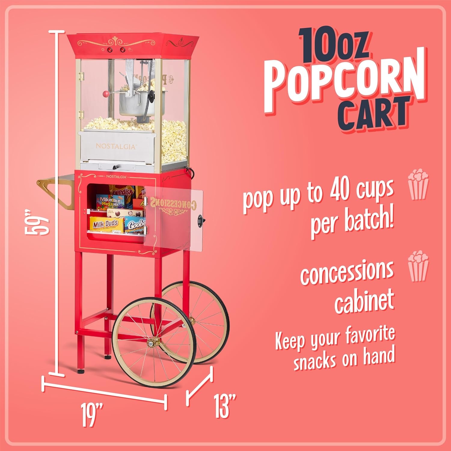 image:imageNostalgia Popcorn Maker Machine  Professional Cart With 10 Oz Kettle Makes Up to 40 Cups  Vintage Lincoln Popper Popcorn Machine Movie Theater Style  BlackRed Candy Cart