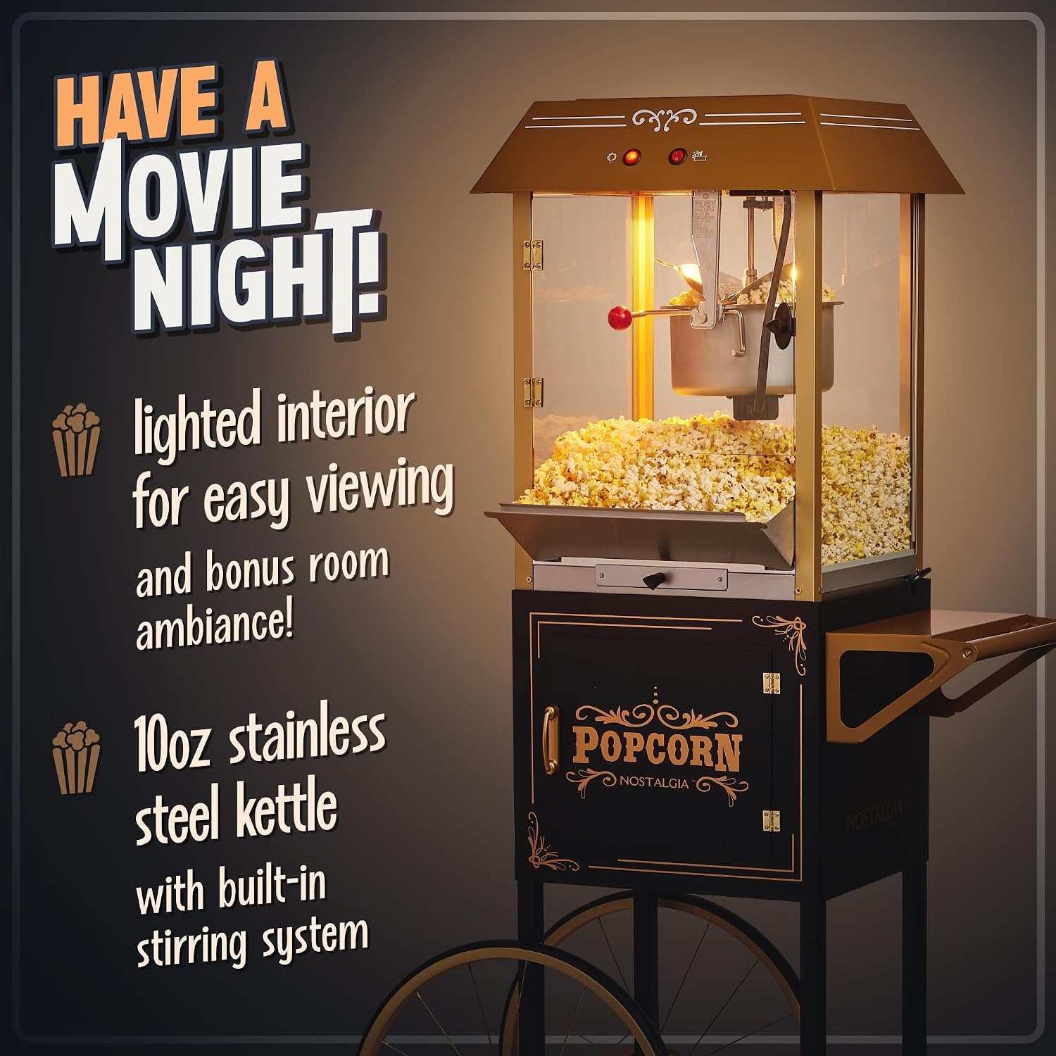 image:imageNostalgia Popcorn Maker Machine  Professional Cart With 10 Oz Kettle Makes Up to 40 Cups  Vintage Lincoln Popper Popcorn Machine Movie Theater Style  BlackBlack