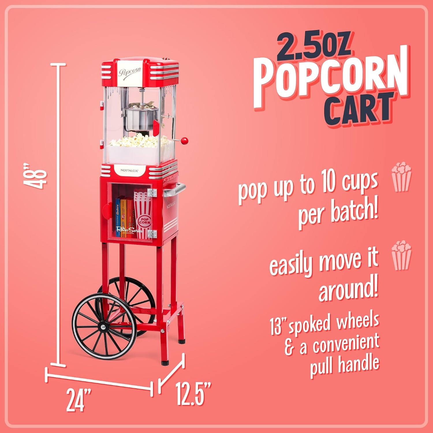 image:imageNostalgia Popcorn Maker Machine  Professional Cart With 25 Oz Kettle Makes Up to 10 Cups  Vintage Popcorn Machine Movie Theater Style  Red amp WhiteMetallic Red
