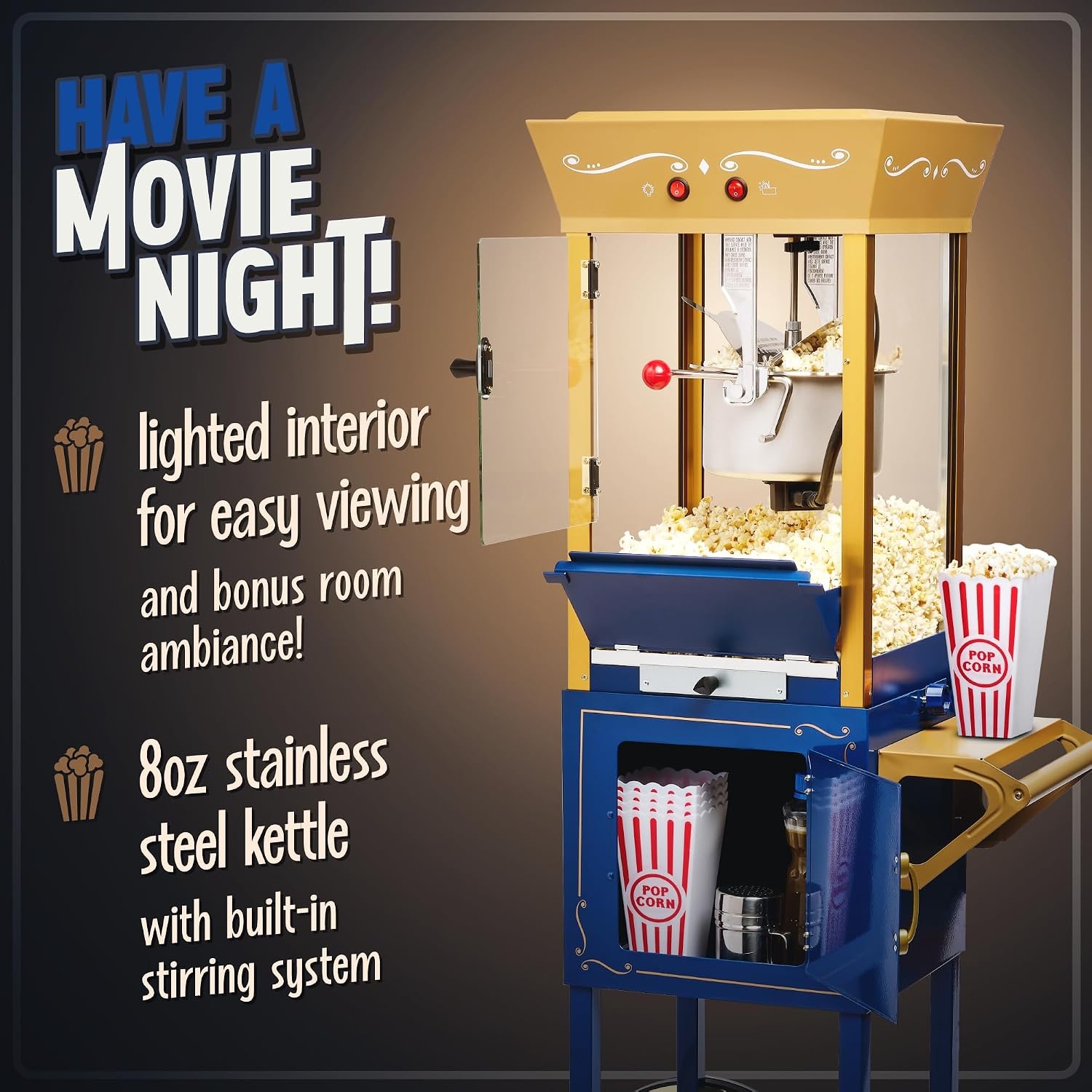 image:imageNostalgia Popcorn Maker Machine  Professional Cart With 25 Oz Kettle Makes Up to 10 Cups  Vintage Popcorn Machine Movie Theater Style  Red amp WhiteNavy  Gold