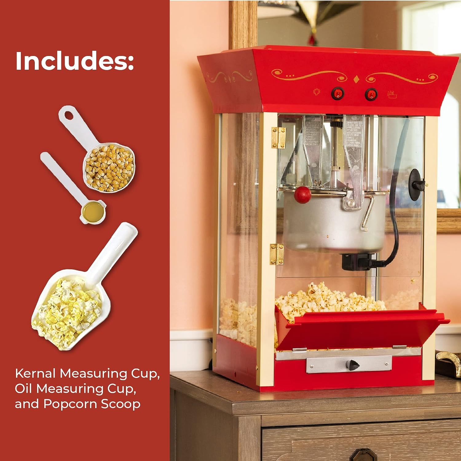 image:imageNostalgia Popcorn Maker Machine  Professional Cart With 25 Oz Kettle Makes Up to 10 Cups  Vintage Popcorn Machine Movie Theater Style  Red amp WhiteRed