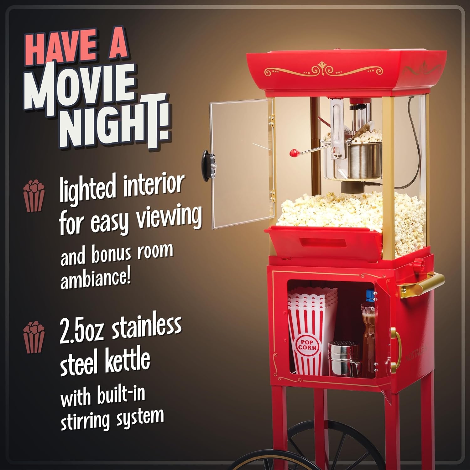 image:imageNostalgia Popcorn Maker Machine  Professional Cart With 25 Oz Kettle Makes Up to 10 Cups  Vintage Popcorn Machine Movie Theater Style  Red amp WhiteRed