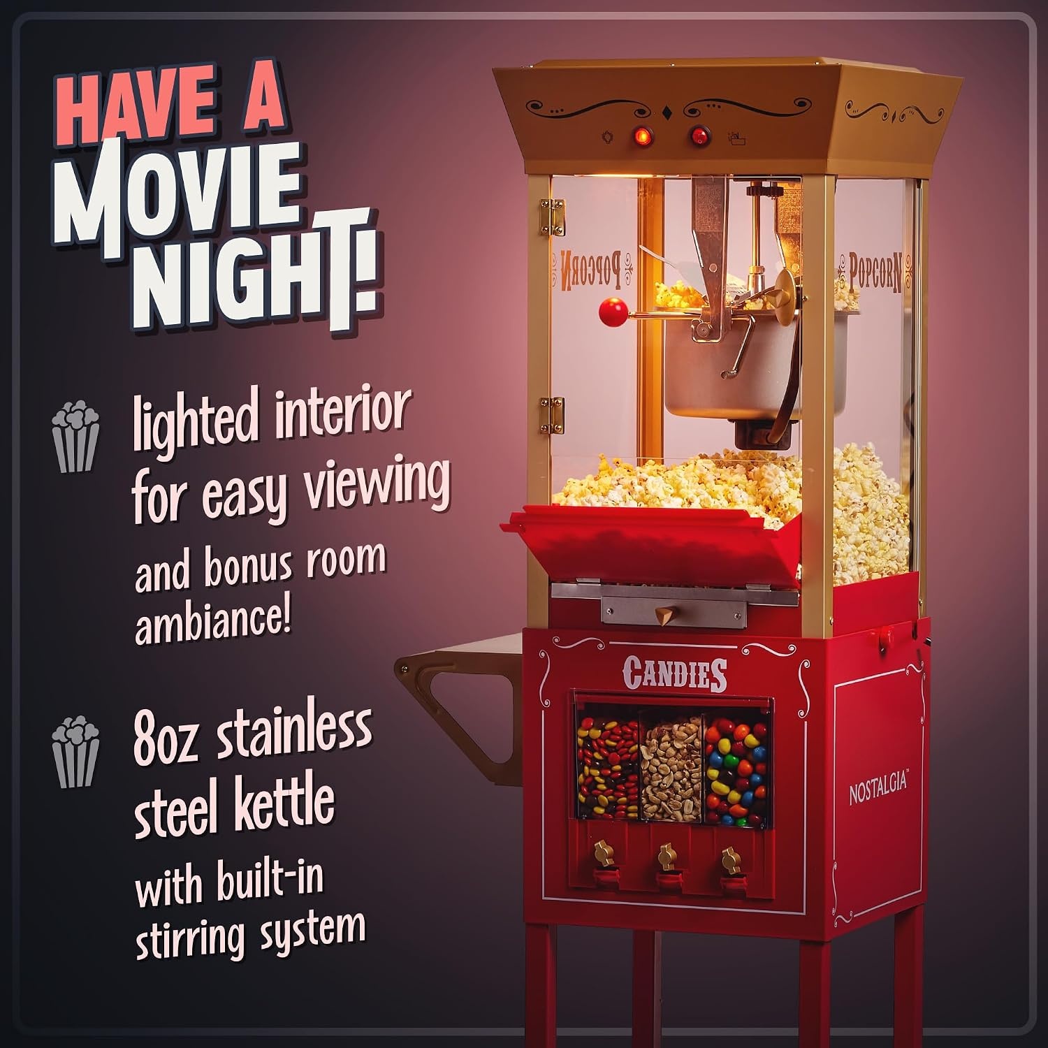 image:imageNostalgia Popcorn Maker Machine  Professional Cart With 25 Oz Kettle Makes Up to 10 Cups  Vintage Popcorn Machine Movie Theater Style  Red amp WhiteRed Candy Cart