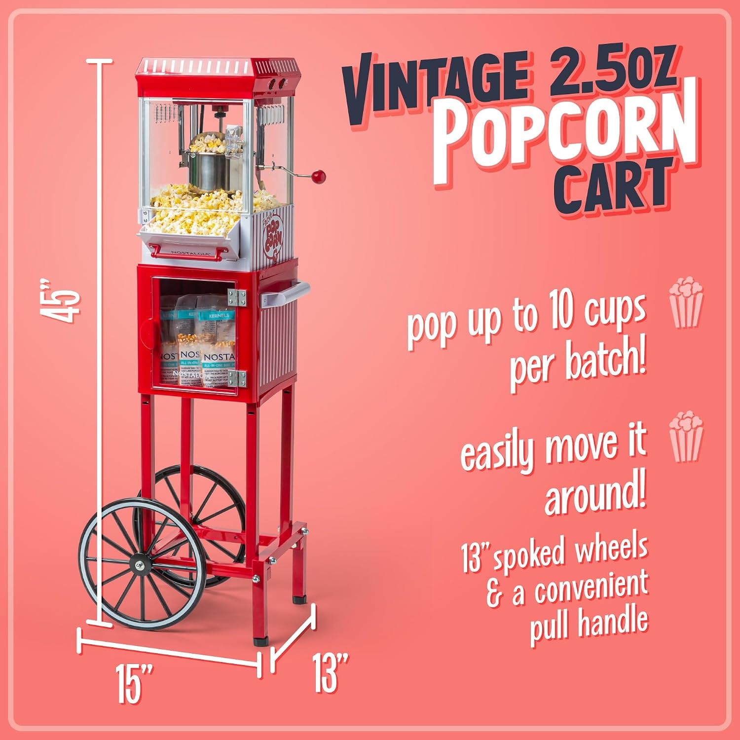 image:imageNostalgia Popcorn Maker Machine  Professional Cart With 25 Oz Kettle Makes Up to 10 Cups  Vintage Popcorn Machine Movie Theater Style  Red amp WhiteRed  White