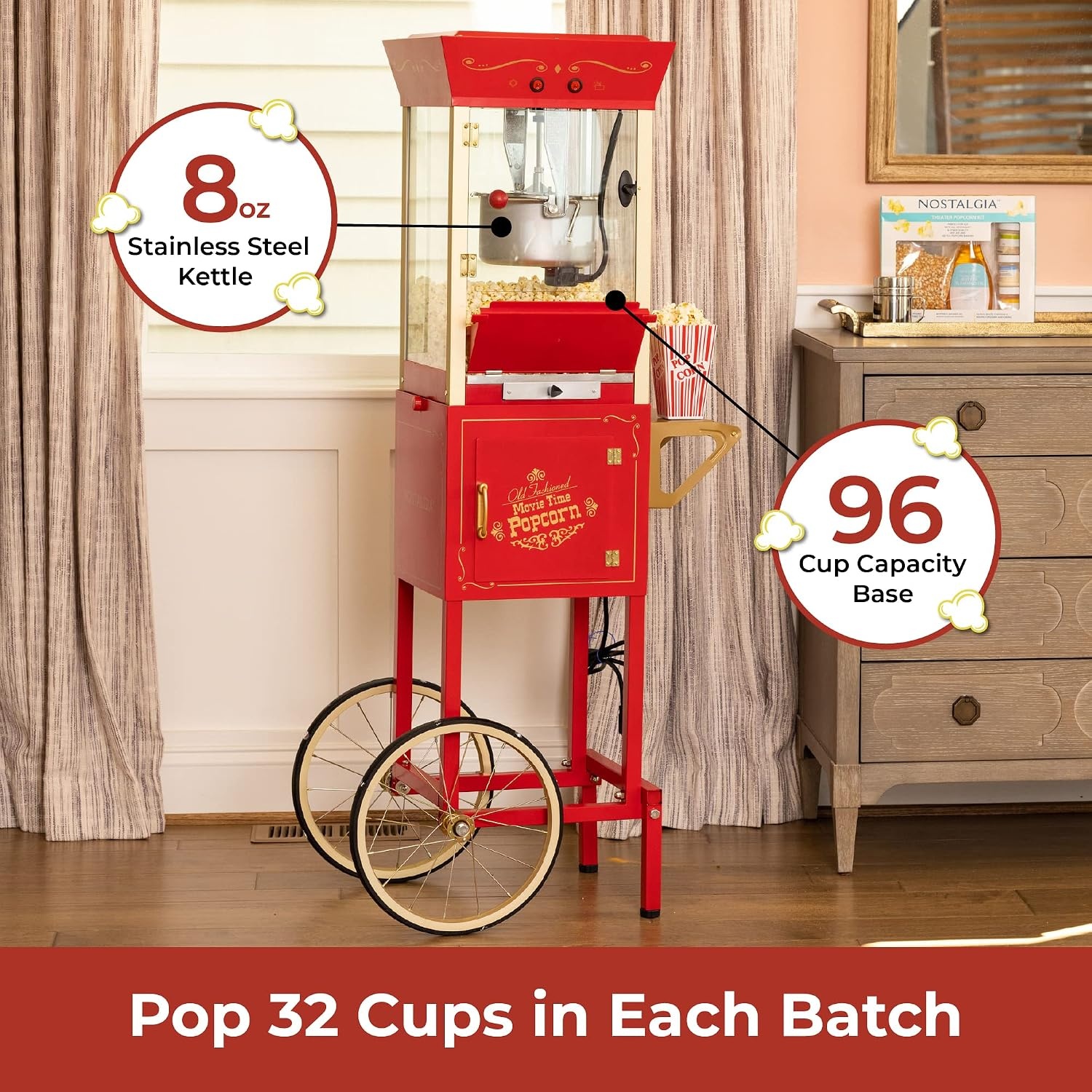image:imageNostalgia Popcorn Maker Machine  Professional Cart With 25 Oz Kettle Makes Up to 10 Cups  Vintage Popcorn Machine Movie Theater Style  Red amp WhiteRed