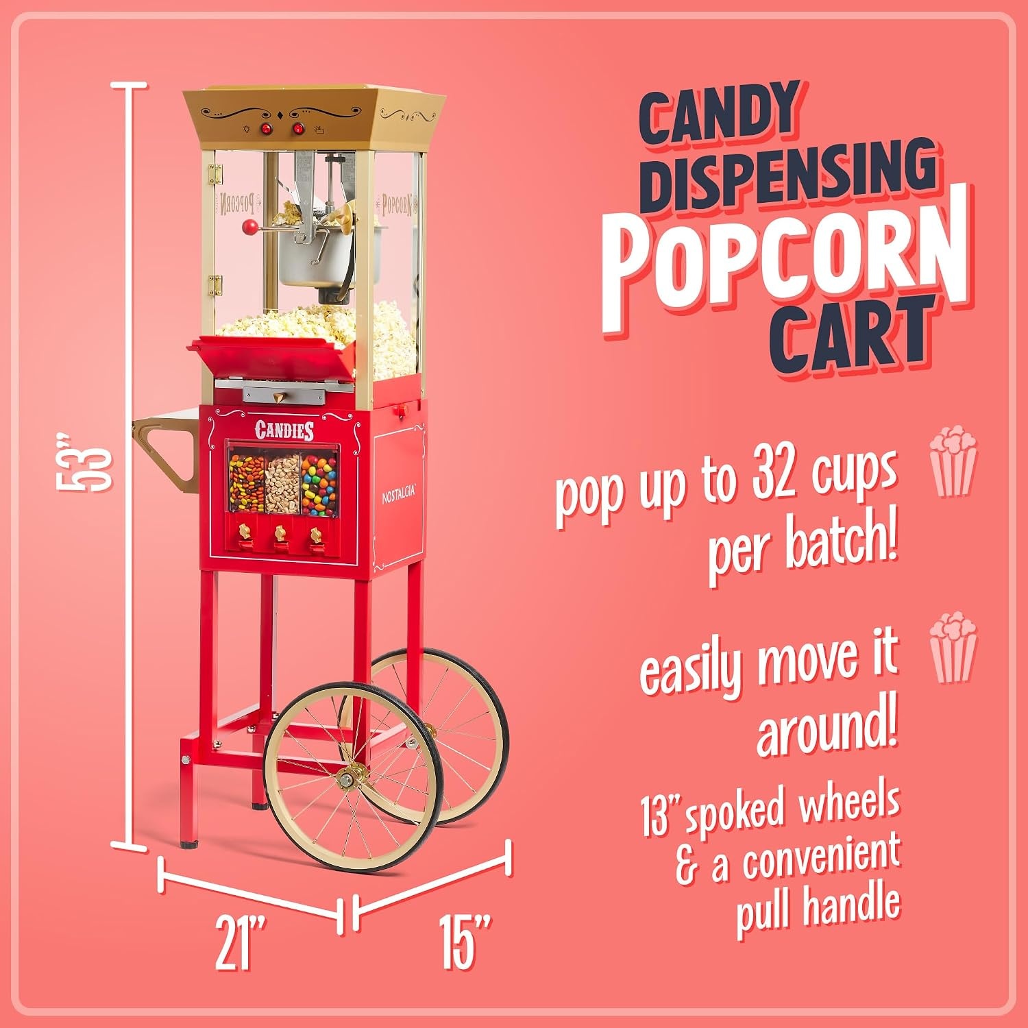 image:imageNostalgia Popcorn Maker Machine  Professional Cart With 25 Oz Kettle Makes Up to 10 Cups  Vintage Popcorn Machine Movie Theater Style  Red amp WhiteRed Candy Cart