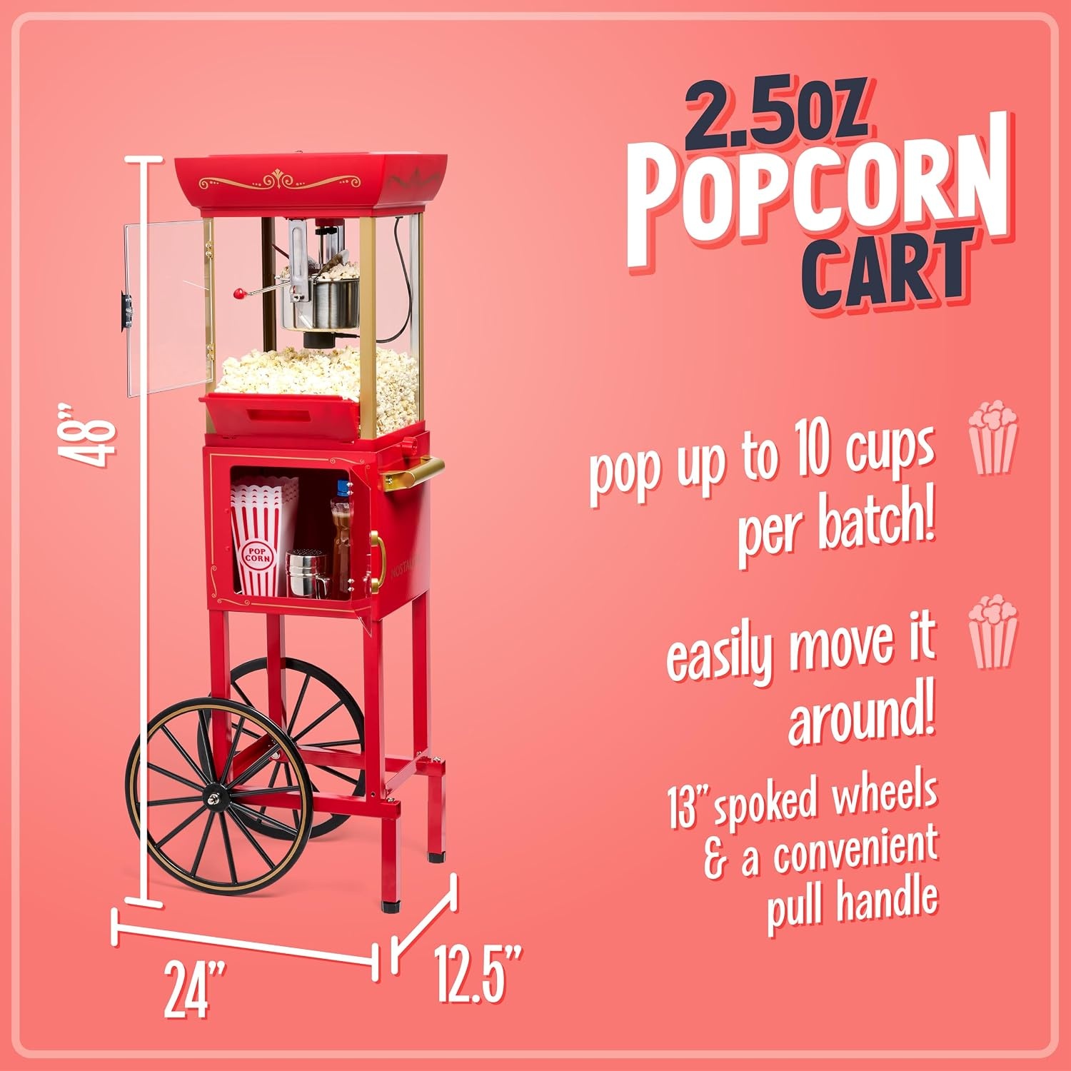 image:imageNostalgia Popcorn Maker Machine  Professional Cart With 25 Oz Kettle Makes Up to 10 Cups  Vintage Popcorn Machine Movie Theater Style  Red amp WhiteRed