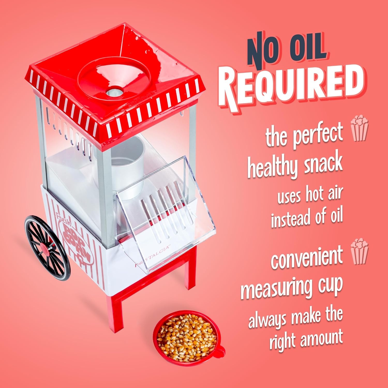 image:imageNostalgia Vintage HotAir Popcorn Maker Machine  Makes Up to 12 Cups  OilFree  Healthier Popcorn  Classic StandUp Cart With Wheels  Includes Kernel Measuring Cup  White amp RedWhiteRed