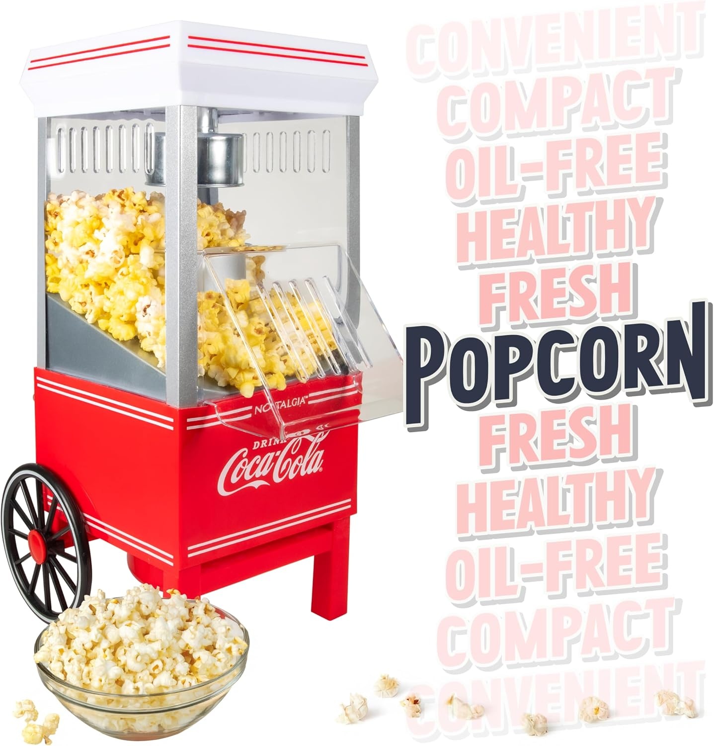 image:imageNostalgia Vintage HotAir Popcorn Maker Machine  Makes Up to 12 Cups  OilFree  Healthier Popcorn  Classic StandUp Cart With Wheels  Includes Kernel Measuring Cup  White amp RedWhite and Red