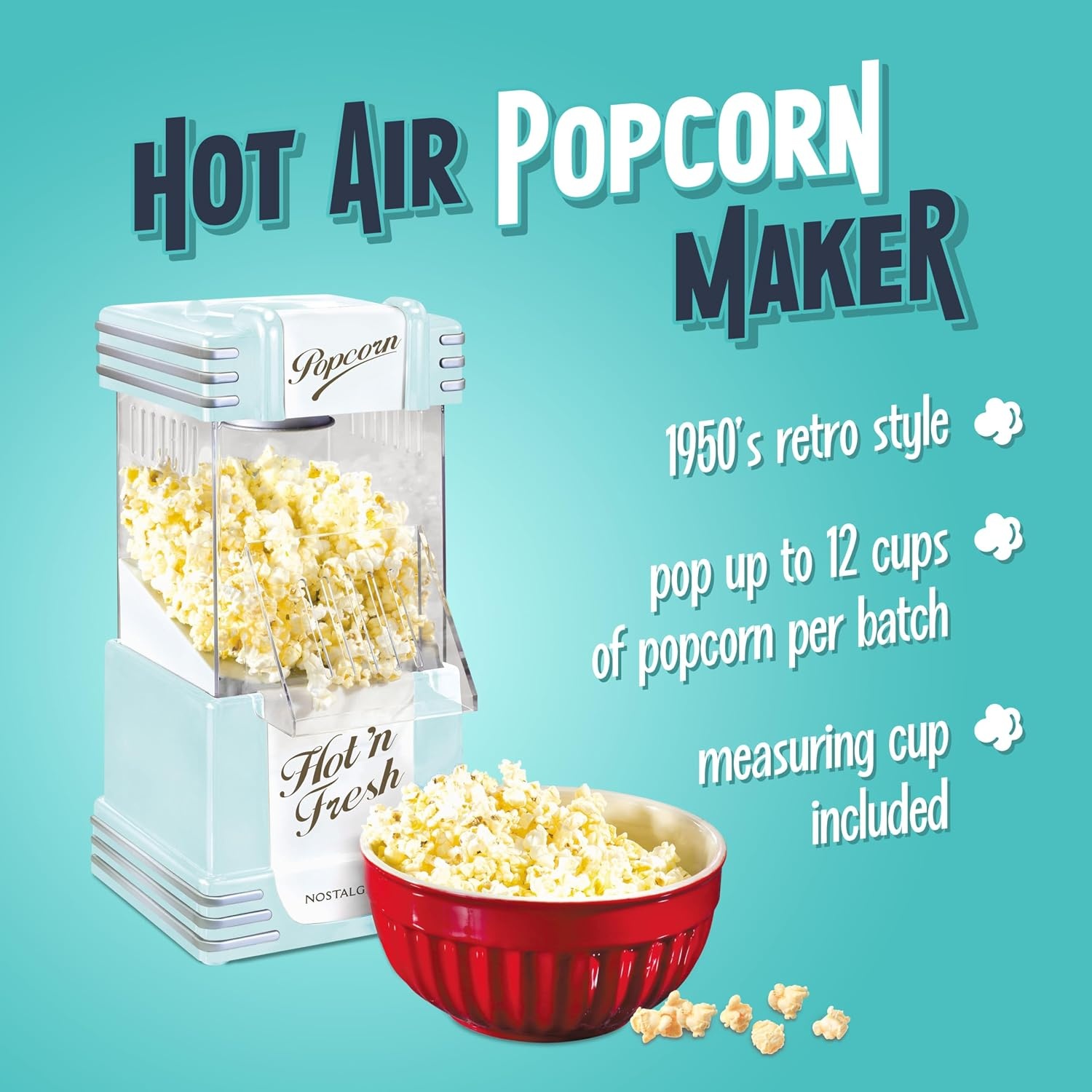 image:imageNostalgia Vintage HotAir Popcorn Maker Machine  Makes Up to 12 Cups  OilFree  Healthier Popcorn  Classic StandUp Cart With Wheels  Includes Kernel Measuring Cup  White amp RedAqua