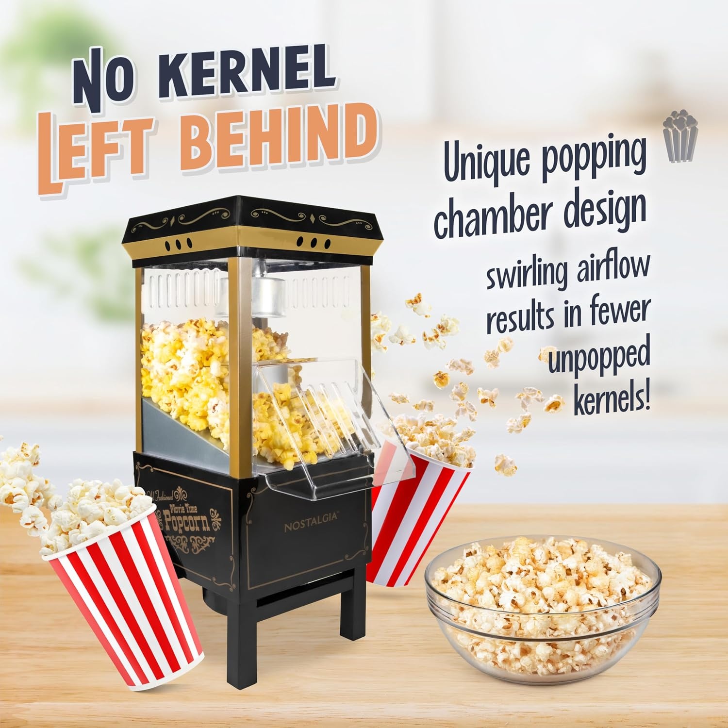image:imageNostalgia Vintage HotAir Popcorn Maker Machine  Makes Up to 12 Cups  OilFree  Healthier Popcorn  Classic StandUp Cart With Wheels  Includes Kernel Measuring Cup  White amp RedBlack