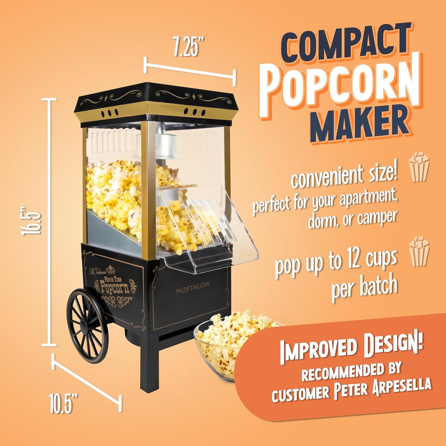 image:imageNostalgia Vintage HotAir Popcorn Maker Machine  Makes Up to 12 Cups  OilFree  Healthier Popcorn  Classic StandUp Cart With Wheels  Includes Kernel Measuring Cup  White amp RedBlack