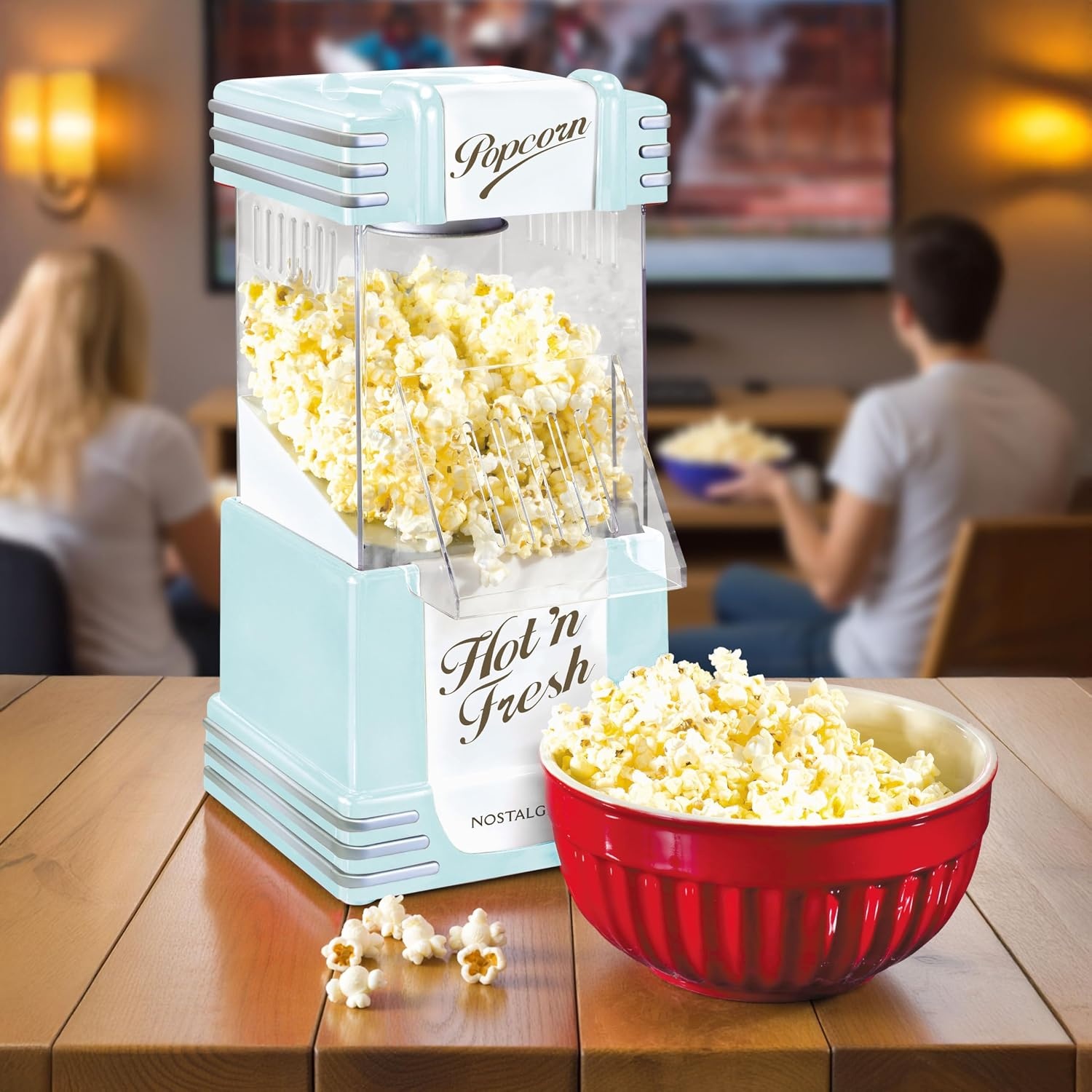 image:imageNostalgia Vintage HotAir Popcorn Maker Machine  Makes Up to 12 Cups  OilFree  Healthier Popcorn  Classic StandUp Cart With Wheels  Includes Kernel Measuring Cup  White amp RedAqua