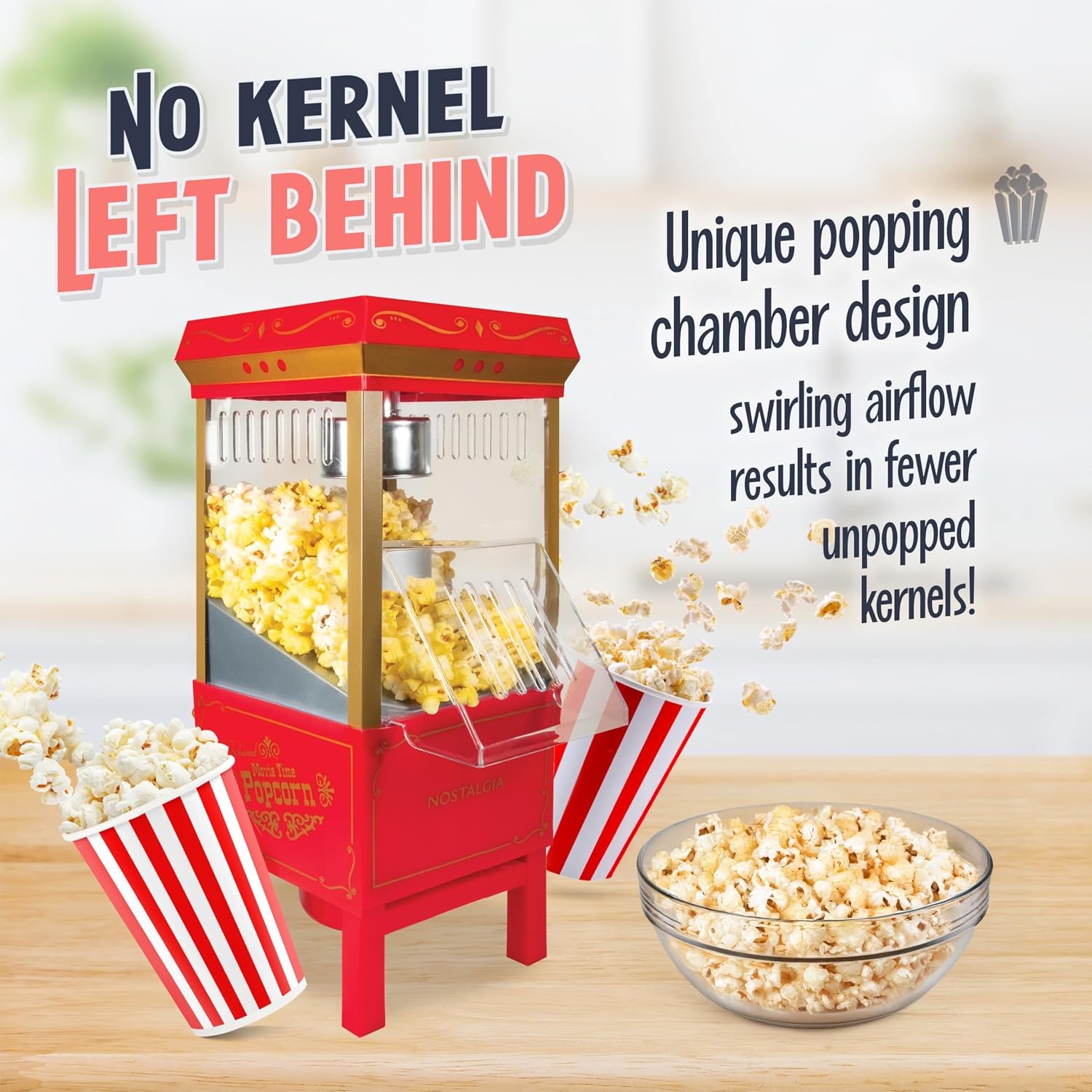 image:imageNostalgia Vintage HotAir Popcorn Maker Machine  Makes Up to 12 Cups  OilFree  Healthier Popcorn  Classic StandUp Cart With Wheels  Includes Kernel Measuring Cup  White amp RedRed