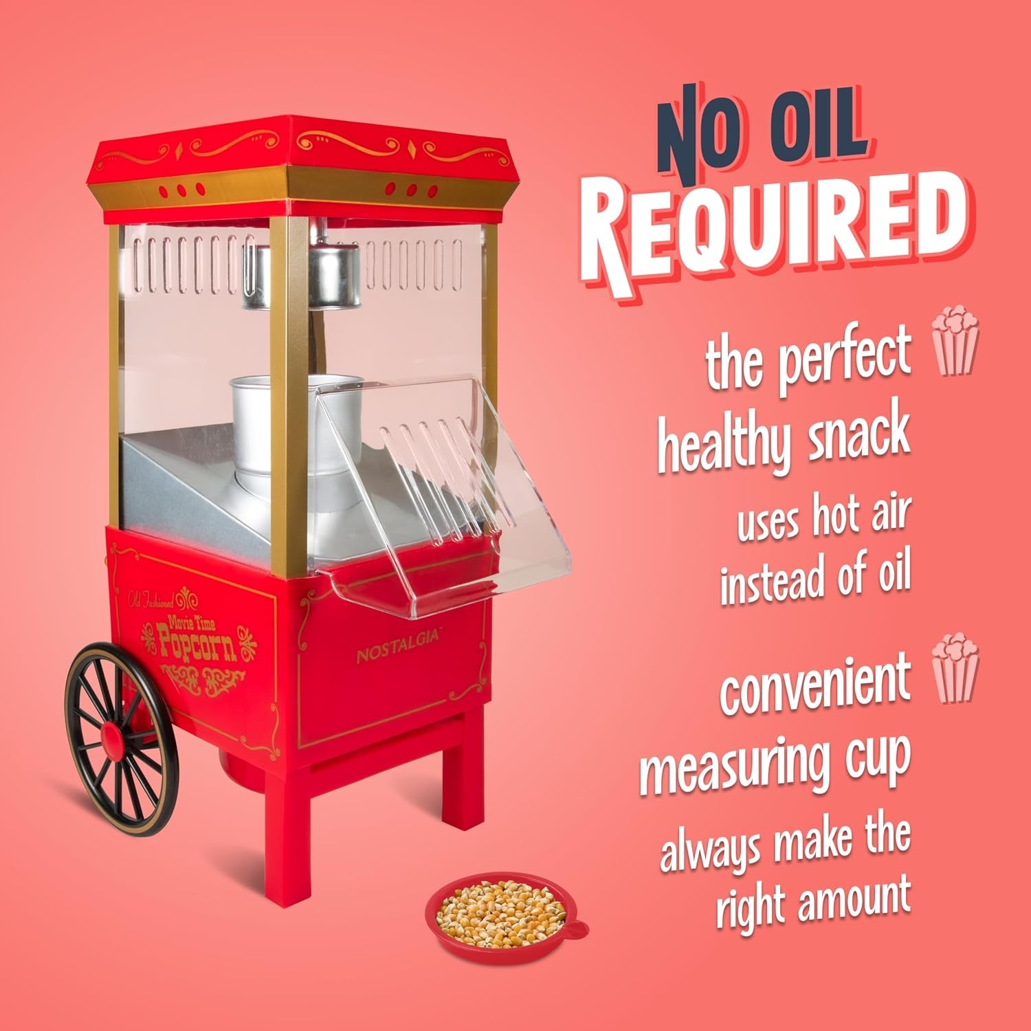 image:imageNostalgia Vintage HotAir Popcorn Maker Machine  Makes Up to 12 Cups  OilFree  Healthier Popcorn  Classic StandUp Cart With Wheels  Includes Kernel Measuring Cup  White amp RedRed