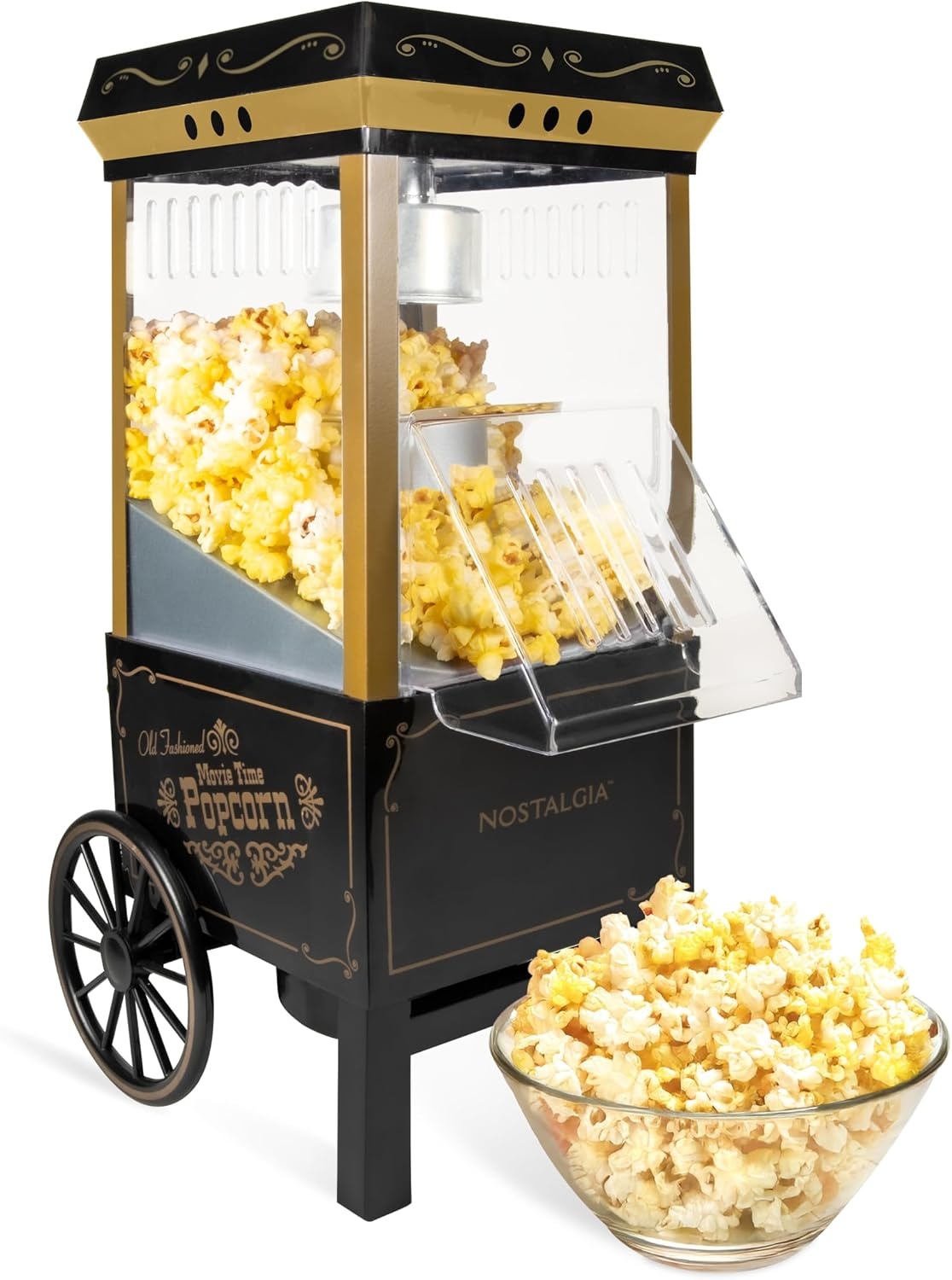 image:imageNostalgia Vintage HotAir Popcorn Maker Machine  Makes Up to 12 Cups  OilFree  Healthier Popcorn  Classic StandUp Cart With Wheels  Includes Kernel Measuring Cup  White amp RedBlack