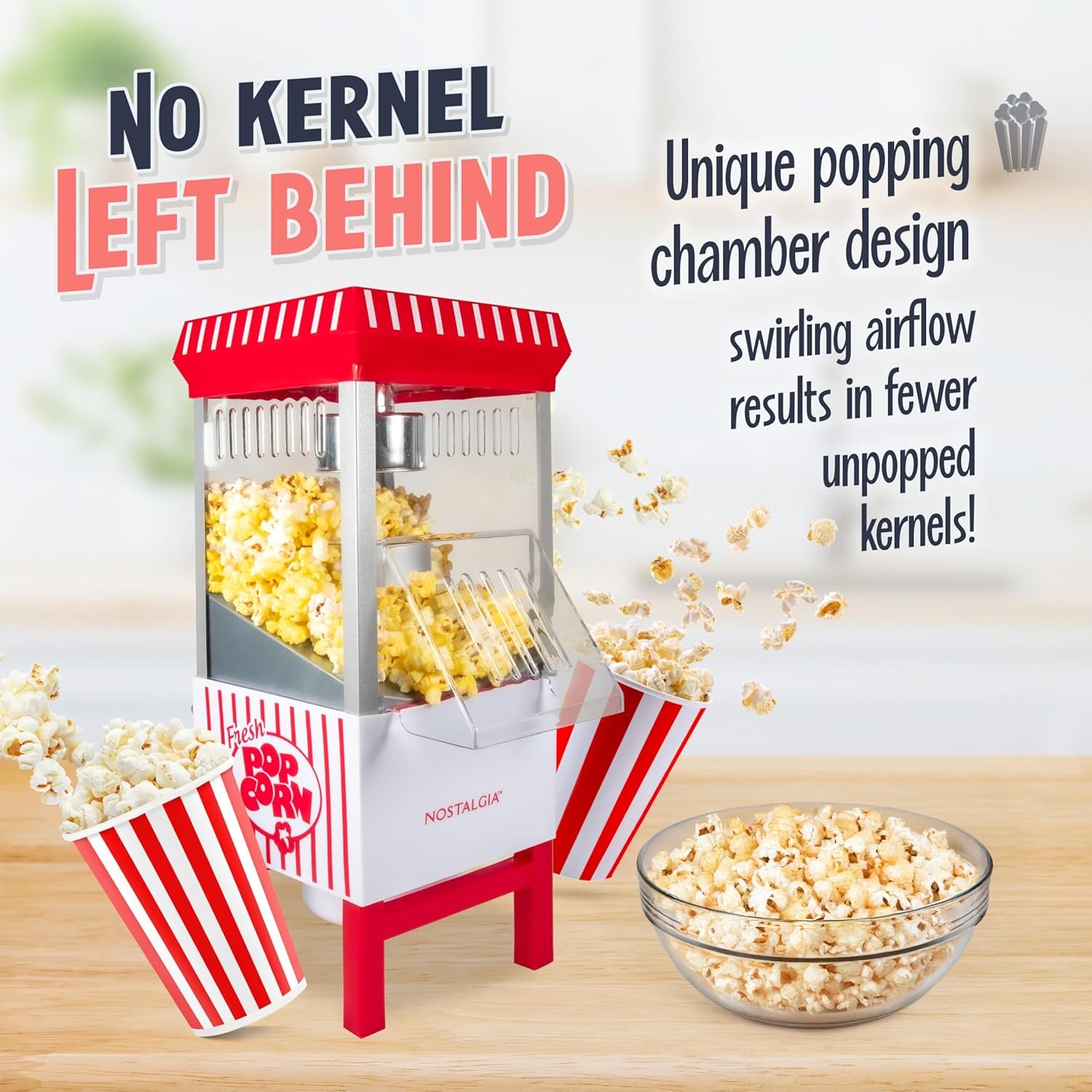 image:imageNostalgia Vintage HotAir Popcorn Maker Machine  Makes Up to 12 Cups  OilFree  Healthier Popcorn  Classic StandUp Cart With Wheels  Includes Kernel Measuring Cup  White amp RedWhiteRed