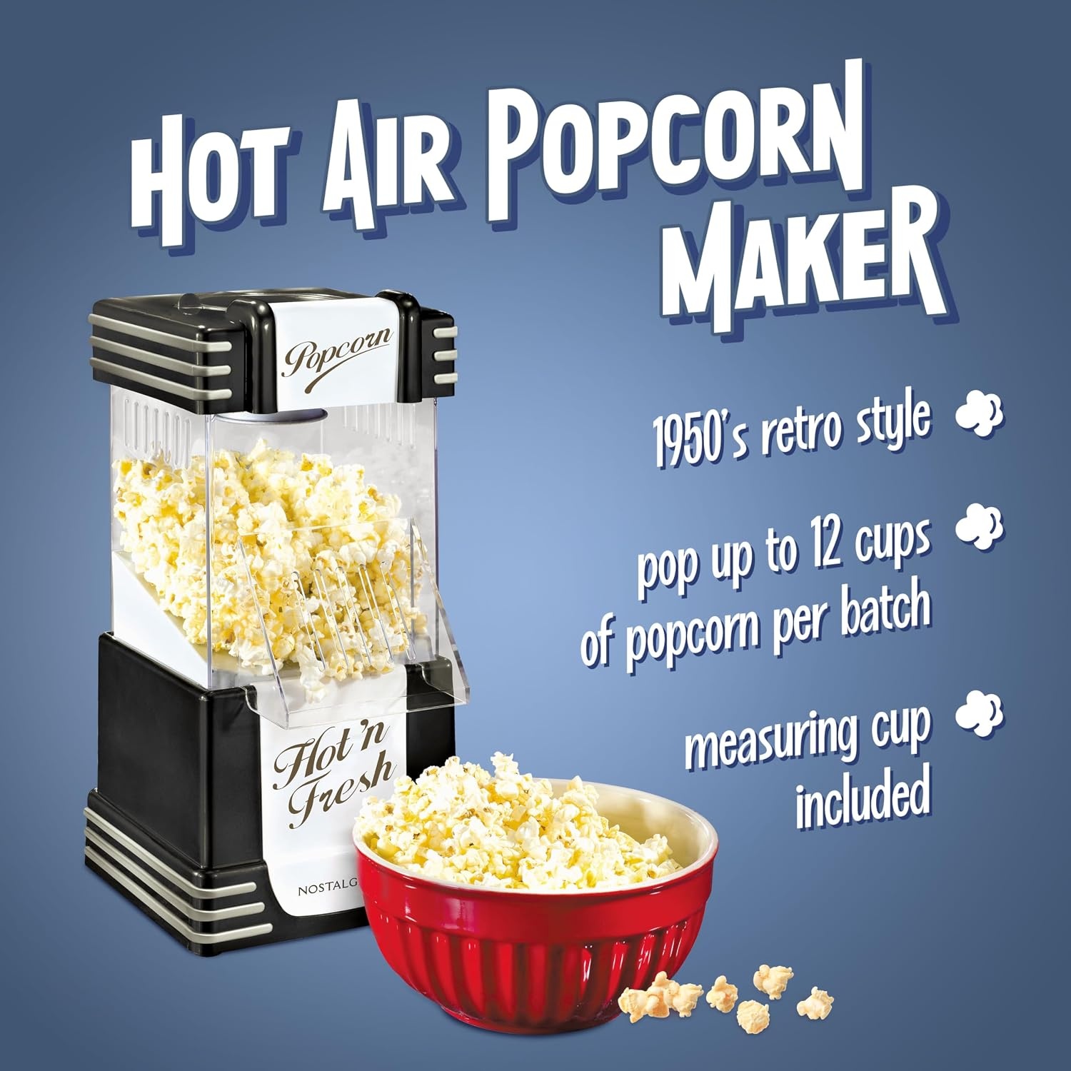 image:imageNostalgia Vintage HotAir Popcorn Maker Machine  Makes Up to 12 Cups  OilFree  Healthier Popcorn  Classic StandUp Cart With Wheels  Includes Kernel Measuring Cup  White amp RedBlack