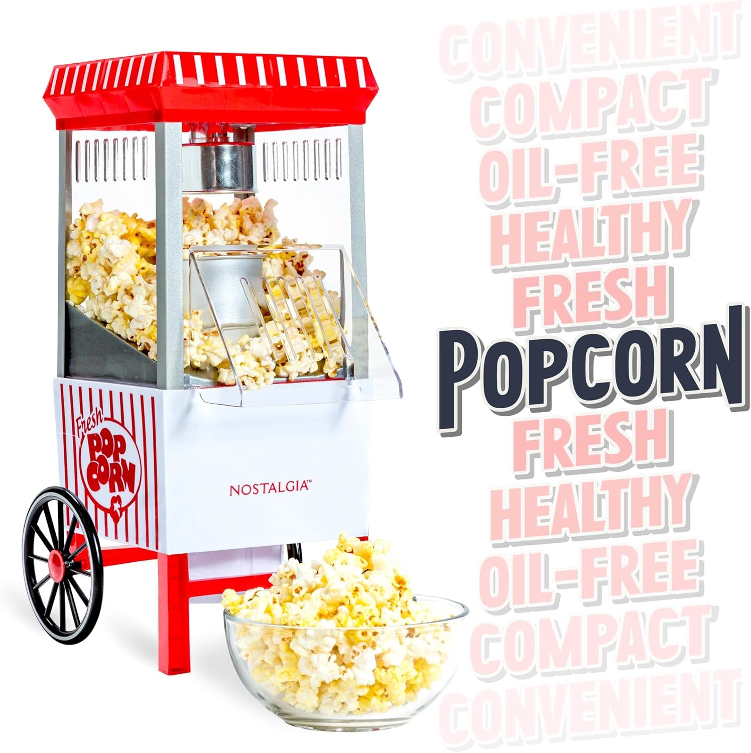 image:imageNostalgia Vintage HotAir Popcorn Maker Machine  Makes Up to 12 Cups  OilFree  Healthier Popcorn  Classic StandUp Cart With Wheels  Includes Kernel Measuring Cup  White amp RedWhiteRed