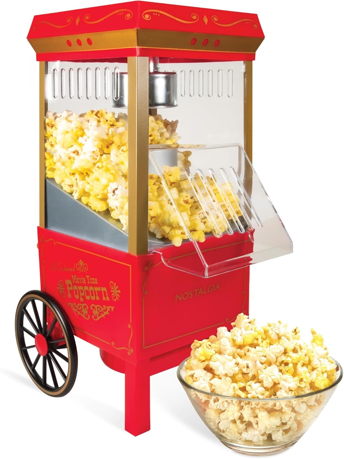 image:imageNostalgia Vintage HotAir Popcorn Maker Machine  Makes Up to 12 Cups  OilFree  Healthier Popcorn  Classic StandUp Cart With Wheels  Includes Kernel Measuring Cup  White amp RedRed
