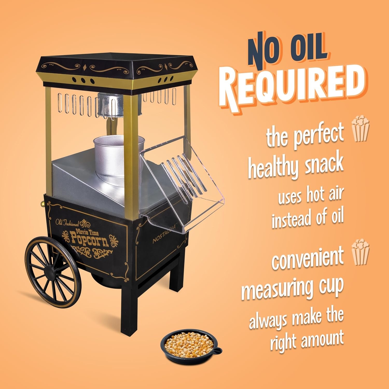image:imageNostalgia Vintage HotAir Popcorn Maker Machine  Makes Up to 12 Cups  OilFree  Healthier Popcorn  Classic StandUp Cart With Wheels  Includes Kernel Measuring Cup  White amp RedBlack