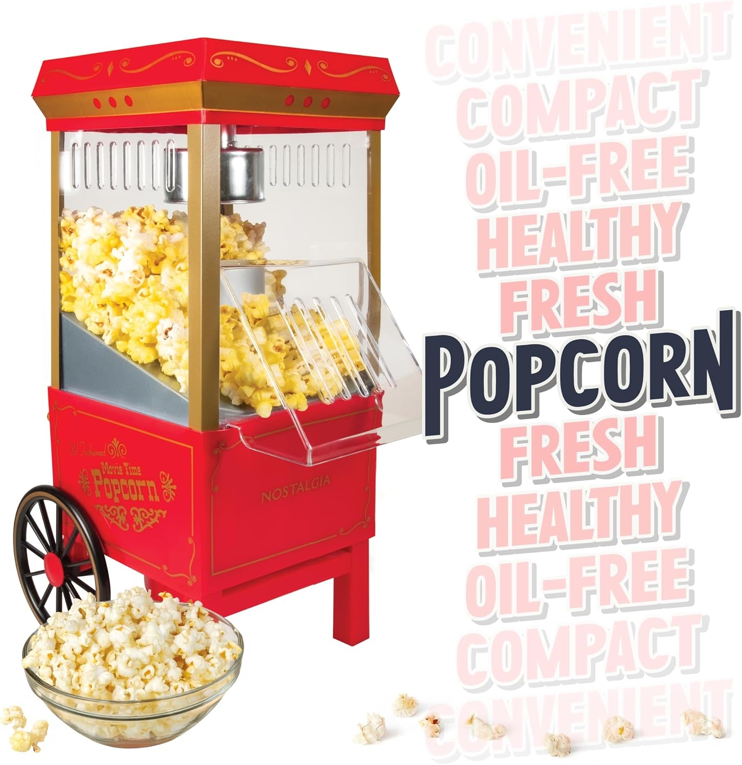 image:imageNostalgia Vintage HotAir Popcorn Maker Machine  Makes Up to 12 Cups  OilFree  Healthier Popcorn  Classic StandUp Cart With Wheels  Includes Kernel Measuring Cup  White amp RedRed