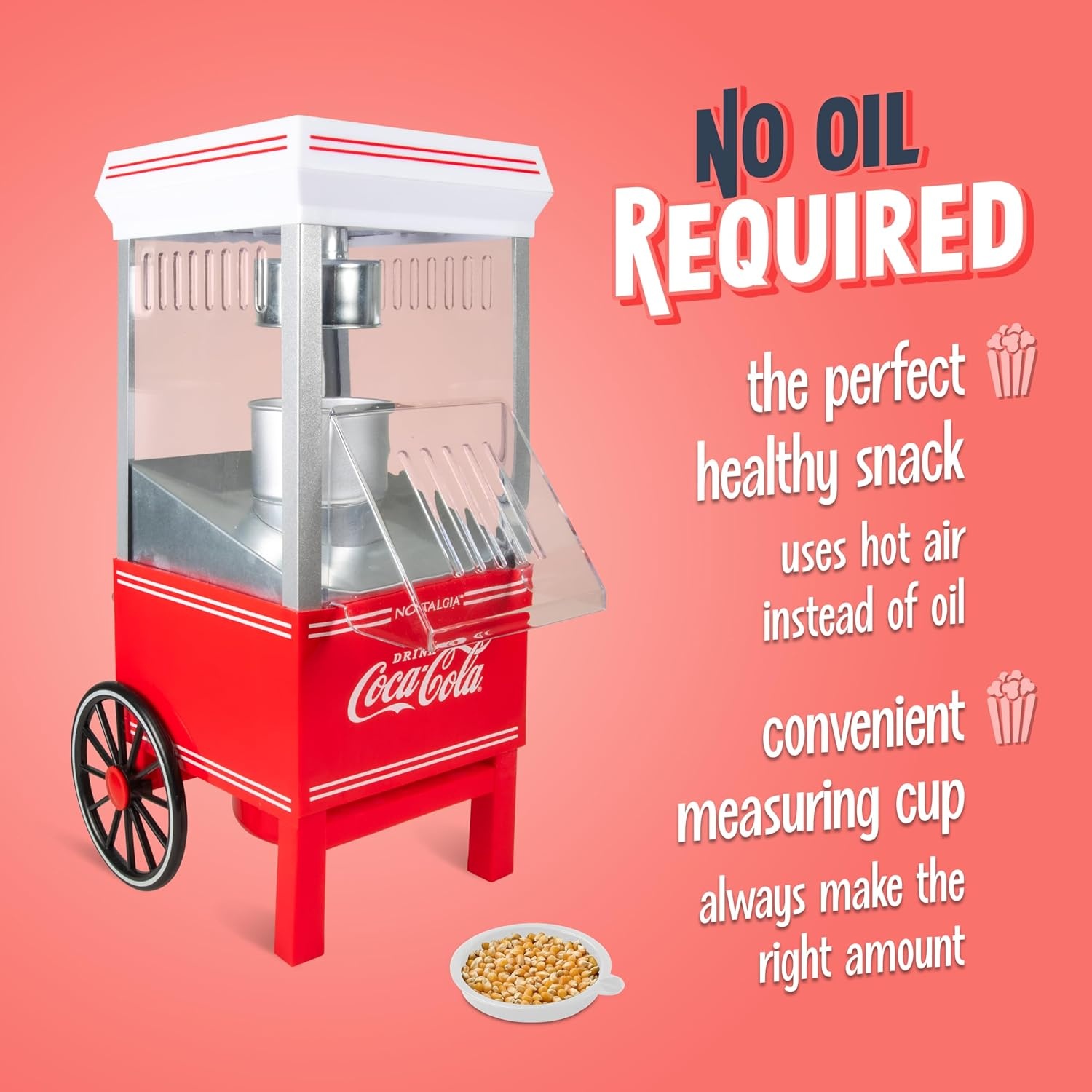 image:imageNostalgia Vintage HotAir Popcorn Maker Machine  Makes Up to 12 Cups  OilFree  Healthier Popcorn  Classic StandUp Cart With Wheels  Includes Kernel Measuring Cup  White amp RedWhite and Red