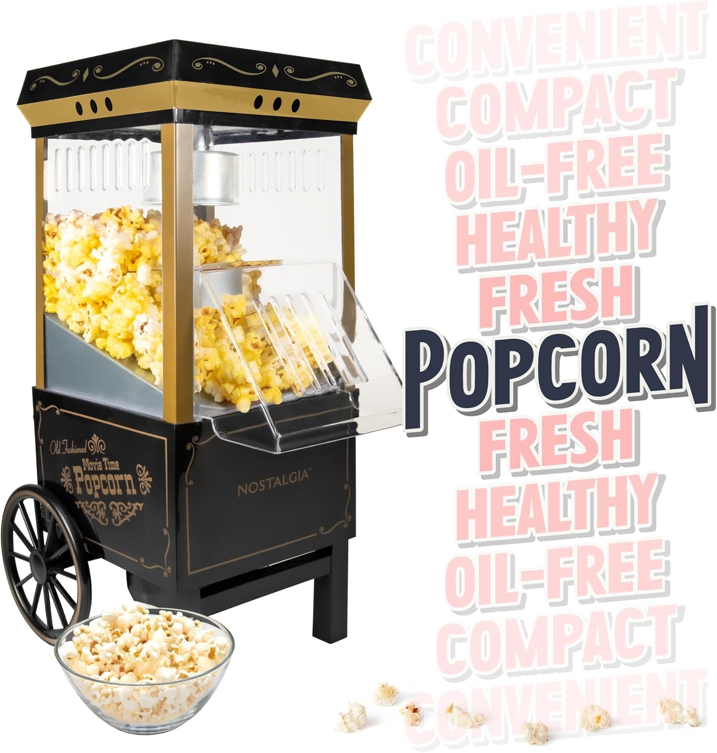 image:imageNostalgia Vintage HotAir Popcorn Maker Machine  Makes Up to 12 Cups  OilFree  Healthier Popcorn  Classic StandUp Cart With Wheels  Includes Kernel Measuring Cup  White amp RedBlack