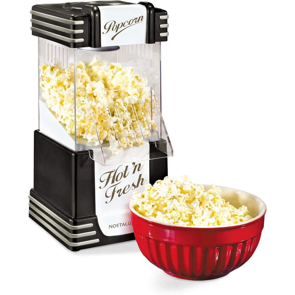 image:imageNostalgia Vintage HotAir Popcorn Maker Machine  Makes Up to 12 Cups  OilFree  Healthier Popcorn  Classic StandUp Cart With Wheels  Includes Kernel Measuring Cup  White amp RedBlack