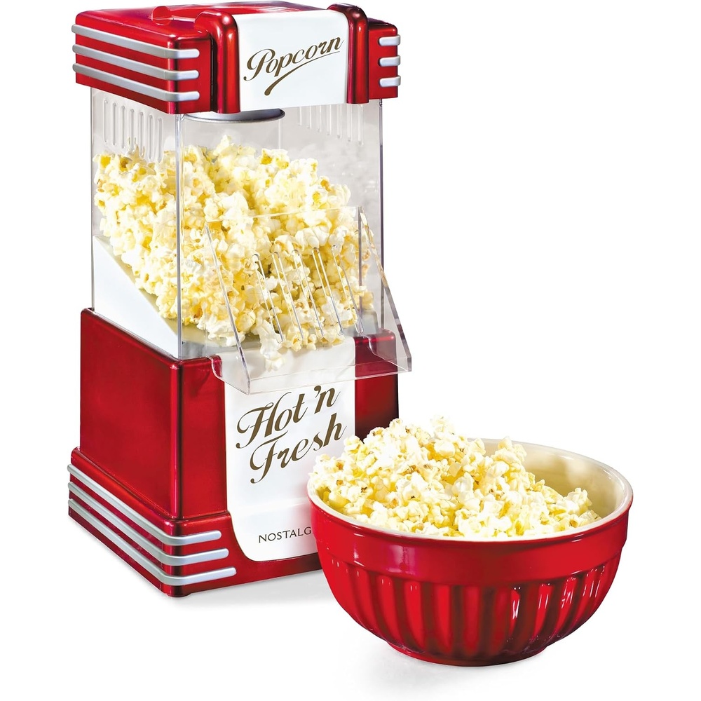 image:imageNostalgia Vintage HotAir Popcorn Maker Machine  Makes Up to 12 Cups  OilFree  Healthier Popcorn  Classic StandUp Cart With Wheels  Includes Kernel Measuring Cup  White amp RedRed