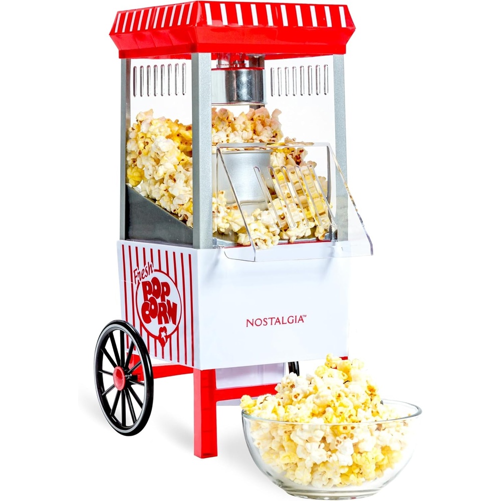 image:imageNostalgia Vintage HotAir Popcorn Maker Machine  Makes Up to 12 Cups  OilFree  Healthier Popcorn  Classic StandUp Cart With Wheels  Includes Kernel Measuring Cup  White amp RedWhiteRed