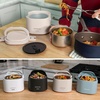 image:imageNostalgia 32Ounce Heated Electric Lunch Box  Travel Size 4 Cup Capacity for Soup Pasta and Leftovers  LeakProof Silicone Sealed Lid Foldable Carry Handle Detachable Cord  ChambrayOatmeal