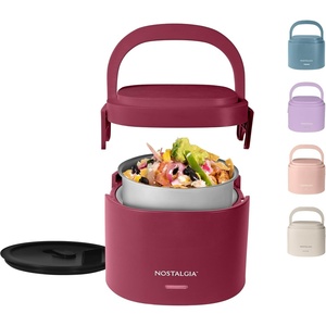 image:imageNostalgia 32Ounce Heated Electric Lunch Box  Travel Size 4 Cup Capacity for Soup Pasta and Leftovers  LeakProof Silicone Sealed Lid Foldable Carry Handle Detachable Cord  ChambrayCranberry