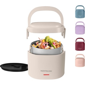 image:imageNostalgia 32Ounce Heated Electric Lunch Box  Travel Size 4 Cup Capacity for Soup Pasta and Leftovers  LeakProof Silicone Sealed Lid Foldable Carry Handle Detachable Cord  ChambrayOatmeal