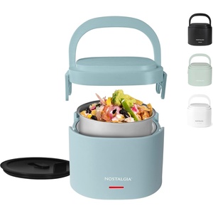 image:imageNostalgia 32Ounce Heated Electric Lunch Box  Travel Size 4 Cup Capacity for Soup Pasta and Leftovers  LeakProof Silicone Sealed Lid Foldable Carry Handle Detachable Cord  ChambrayChambray
