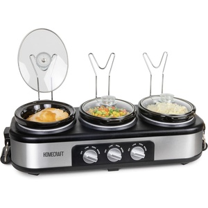 image:imageHomeCraft HCTSC15SS Stainless Steel 3Station 15Quart Oval Slow Cooker Buffet with Lid amp Spoon Rest Adjustable Heat Control Perfect for Parties Holidays Families15Quart Oval Buffet Cooker